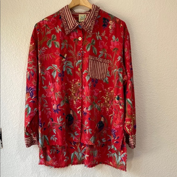 Jaded Gypsy Tops - Jaded Gypsy In the Meadow Red Floral Cotton Button-Up Blouse